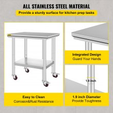 VEVOR Stainless Steel Work Table 30 x 24 x 33 Inch, 700 LBS Load Capacity with 4 Wheels, 3 Adjustable Height Levels, Heavy Duty Food Prep Worktable for Commercial Kitchen Restaurant, Silver