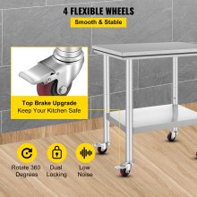 VEVOR Stainless Steel Work Table with Wheels 24 x 30 Prep Table with casters Heavy Duty Work Table for Commercial Kitchen Restaurant Business