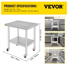 Commercial Stainless Steel Bench Kitchen work Food Prep Table 760x610mm w/Wheels