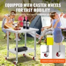 VEVOR Stainless Steel Catering Work Table 30x24 Inch Commercial Work Table with 4 Wheels Commercial Food Prep Workbench with Flexible Adjustment Shelf for Kitchen Prep Table