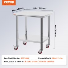 VEVOR Stainless Steel Work Table with Wheels 24 x 30 Prep Table with casters Heavy Duty Work Table for Commercial Kitchen Restaurant Business (24 x 30 x 33.8 Inch)