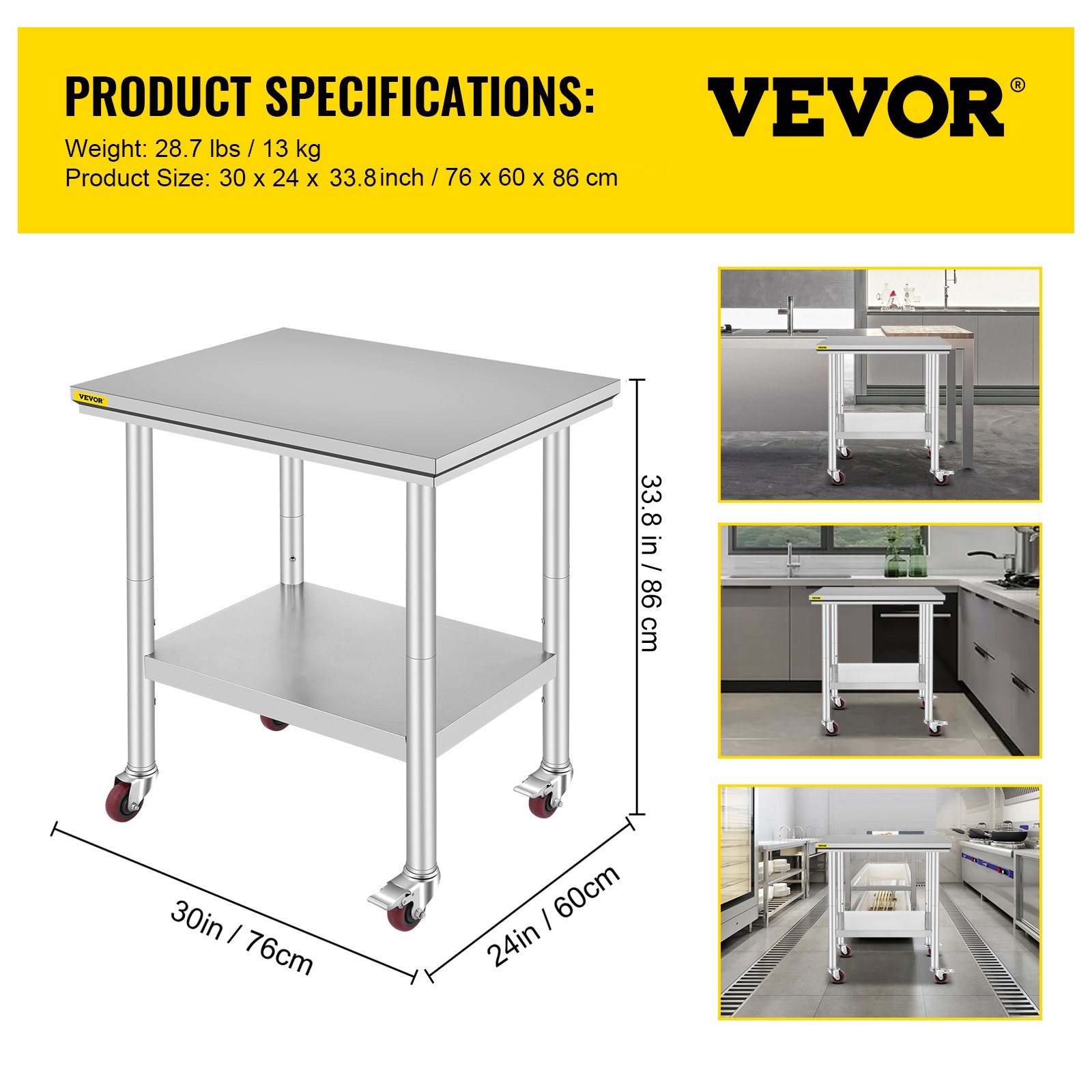 VEVOR Stainless Steel Work Table 30 x 24 x 33 Inch, 700 LBS Load Capacity with 4 Wheels, 3 Adjustable Height Levels, Heavy Duty Food Prep Worktable for Commercial Kitchen Restaurant, Silver