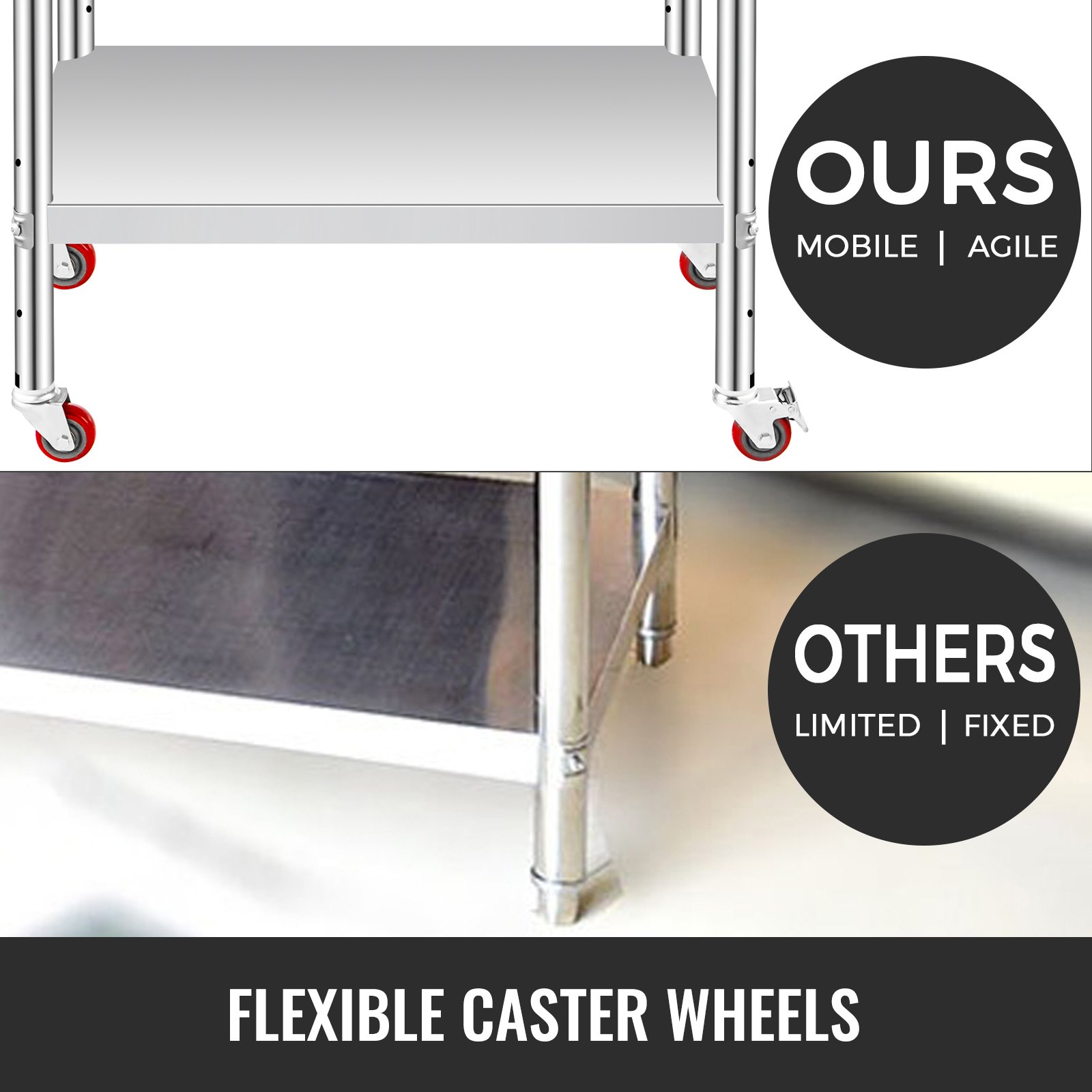 VEVOR Stainless Steel Work Table 30 x 24 x 33 Inch, 700 LBS Load Capacity with 4 Wheels, 3 Adjustable Height Levels, Heavy Duty Food Prep Worktable for Commercial Kitchen Restaurant, Silver