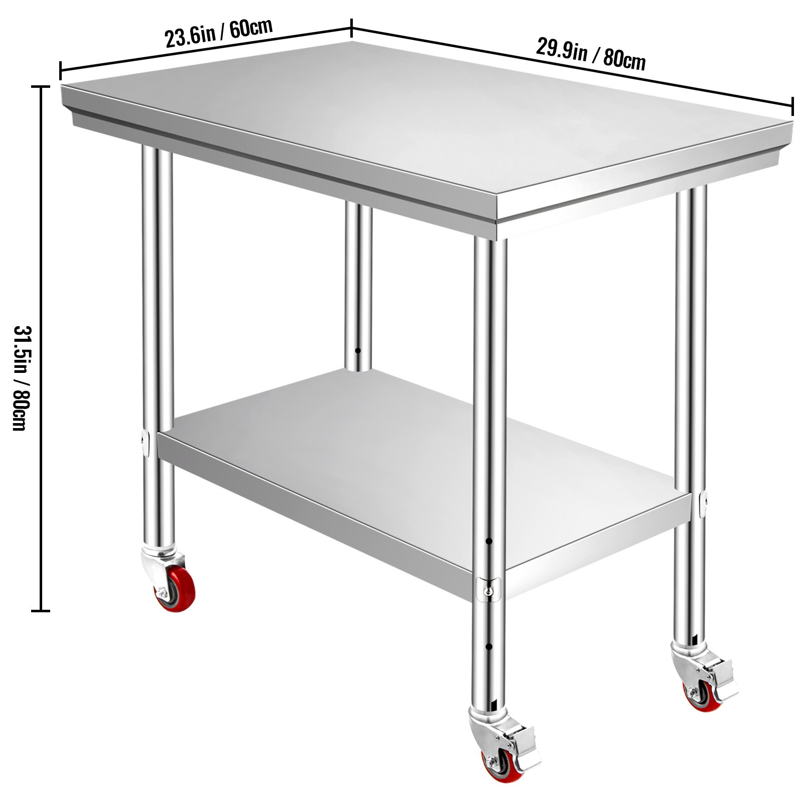 VEVOR Stainless Steel Work Table 30 x 24 x 33 Inch, 700 LBS Load Capacity with 4 Wheels, 3 Adjustable Height Levels, Heavy Duty Food Prep Worktable for Commercial Kitchen Restaurant, Silver