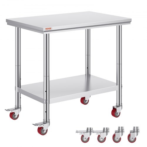 VEVOR Stainless Steel Work Table 35 x 24 x 33 Inch, 700 LBS Load Capacity with 4 Wheels, 3 Adjustable Height Levels, Heavy Duty Food Prep Worktable for Commercial Kitchen Restaurant, Silver
