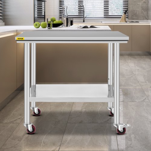 VEVOR Stainless Steel Catering Work Table 36x24 Inch Commercial Work Table with 4 Wheels Commercial Food Prep Workbench with Flexible Adjustment Shelf for Kitchen Prep Table