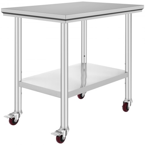 VEVOR Stainless Steel Catering Work Table 36x24 Inch Commercial Work Table with 4 Wheels Commercial Food Prep Workbench with Flexible Adjustment Shelf for Kitchen Prep Table