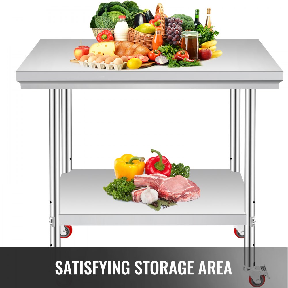 VEVOR Stainless Steel Work Table 35 x 24 x 33 Inch, 300 LBS Load Capacity with 4 Wheels, 3 Adjustable Height Levels, Heavy Duty Food Prep Worktable for Commercial Kitchen Restaurant, Silver