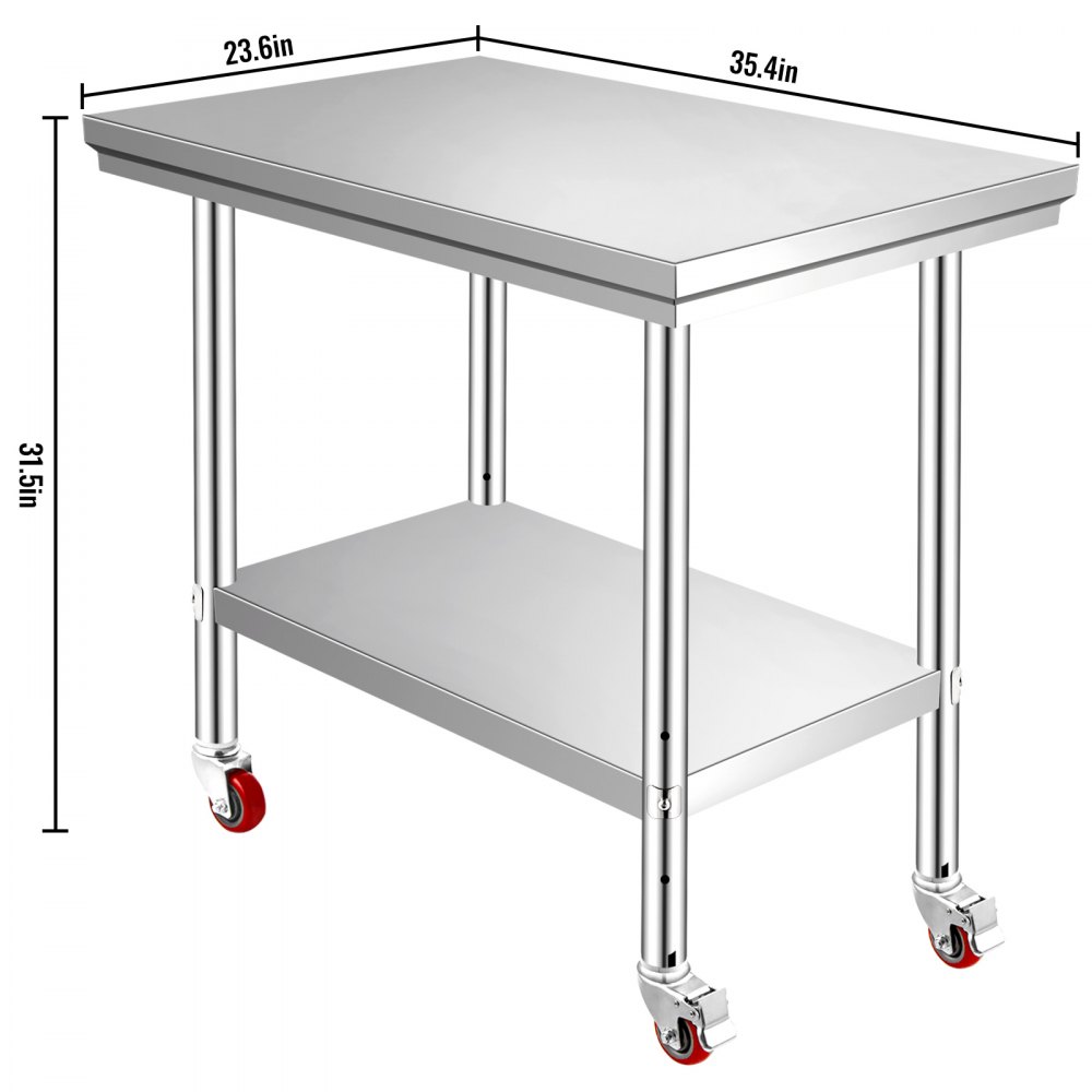 VEVOR Stainless Steel Work Table 35 x 24 x 33 Inch, 300 LBS Load Capacity with 4 Wheels, 3 Adjustable Height Levels, Heavy Duty Food Prep Worktable for Commercial Kitchen Restaurant, Silver