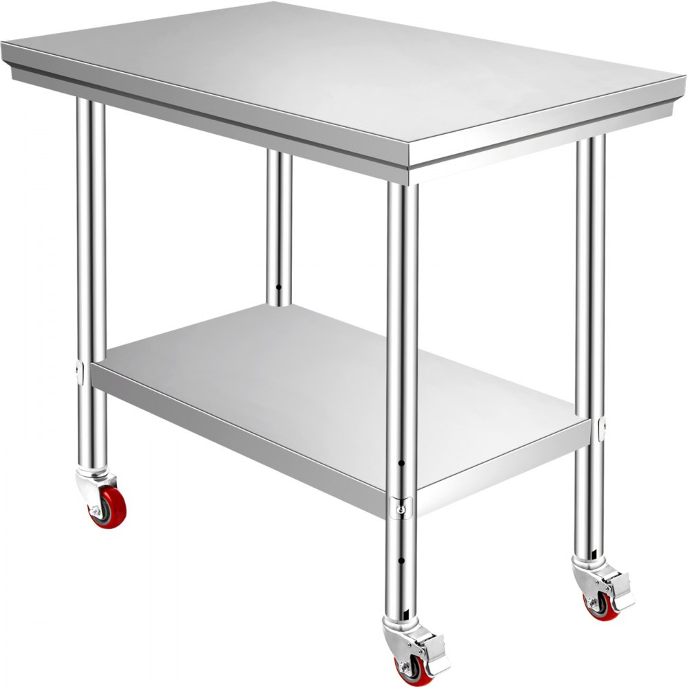 VEVOR Stainless Steel Work Table 35 x 24 x 33 Inch, 700 LBS Load Capacity with 4 Wheels, 3 Adjustable Height Levels, Heavy Duty Food Prep Worktable for Commercial Kitchen Restaurant, Silver