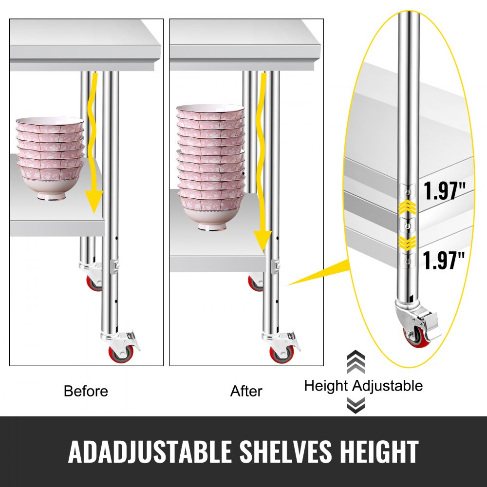 VEVOR Stainless Steel Work Table 35 x 24 x 33 Inch, 700 LBS Load Capacity with 4 Wheels, 3 Adjustable Height Levels, Heavy Duty Food Prep Worktable for Commercial Kitchen Restaurant, Silver