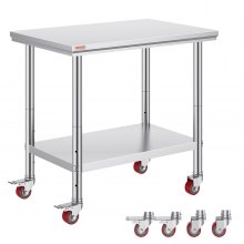 VEVOR Stainless Steel Catering Work Table 36x24 Inch Commercial Work Table with 4 Wheels Commercial Food Prep Workbench with Flexible Adjustment Shelf for Kitchen Prep Table