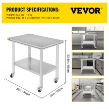 VEVOR Stainless Steel Work Table 35 x 24 x 33 Inch, 700 LBS Load Capacity with 4 Wheels, 3 Adjustable Height Levels, Heavy Duty Food Prep Worktable for Commercial Kitchen Restaurant, Silver