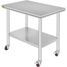 VEVOR Rustfrit stål Catering arbejdsbord 36x24 tommer kommercielt arbejdsbord med 4 hjul Kommercielt madlavningsbord med fleksibel justering af hylde til køkkenbord