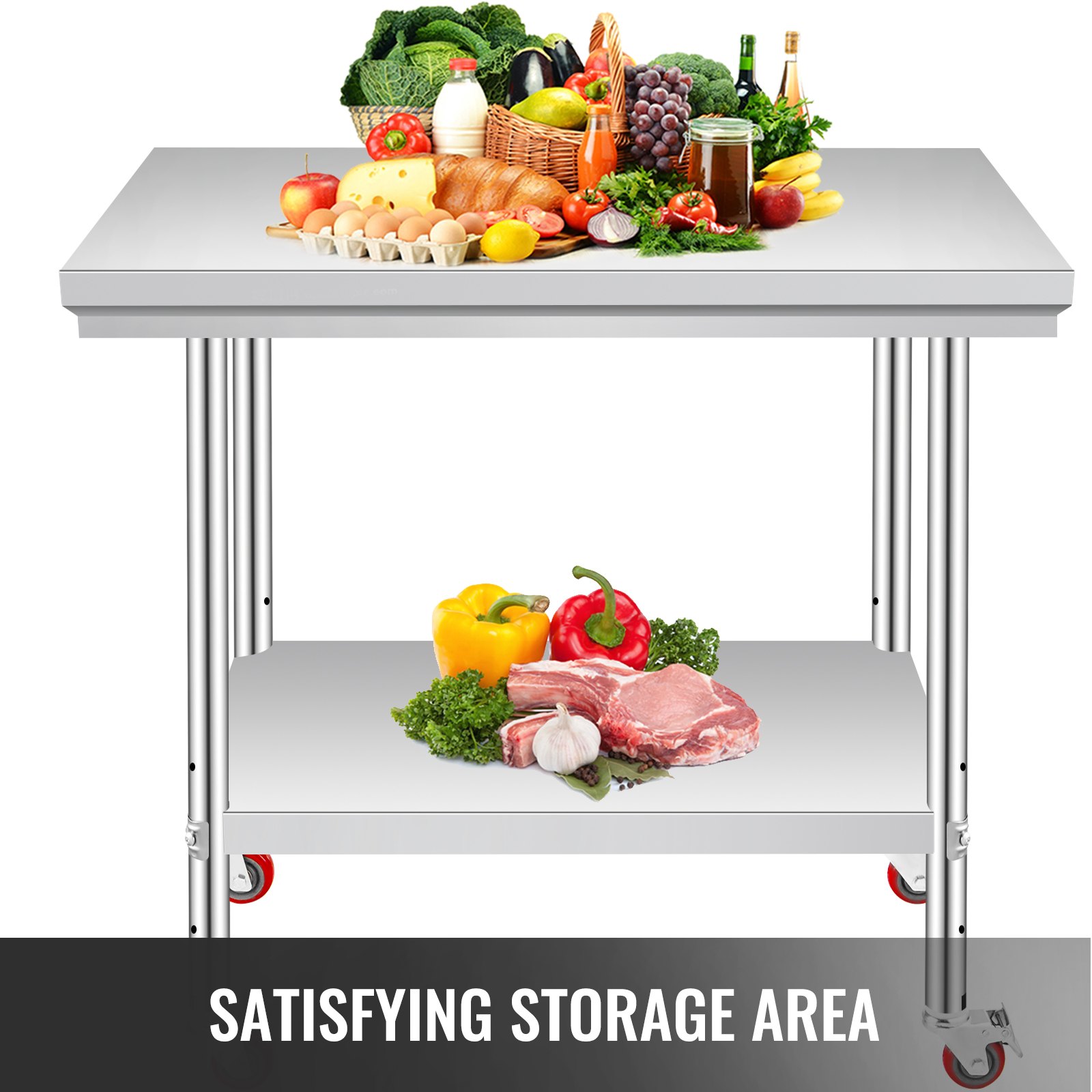 VEVOR Stainless Steel Work Table 35 x 24 x 33 Inch, 300 LBS Load Capacity with 4 Wheels, 3 Adjustable Height Levels, Heavy Duty Food Prep Worktable for Commercial Kitchen Restaurant, Silver