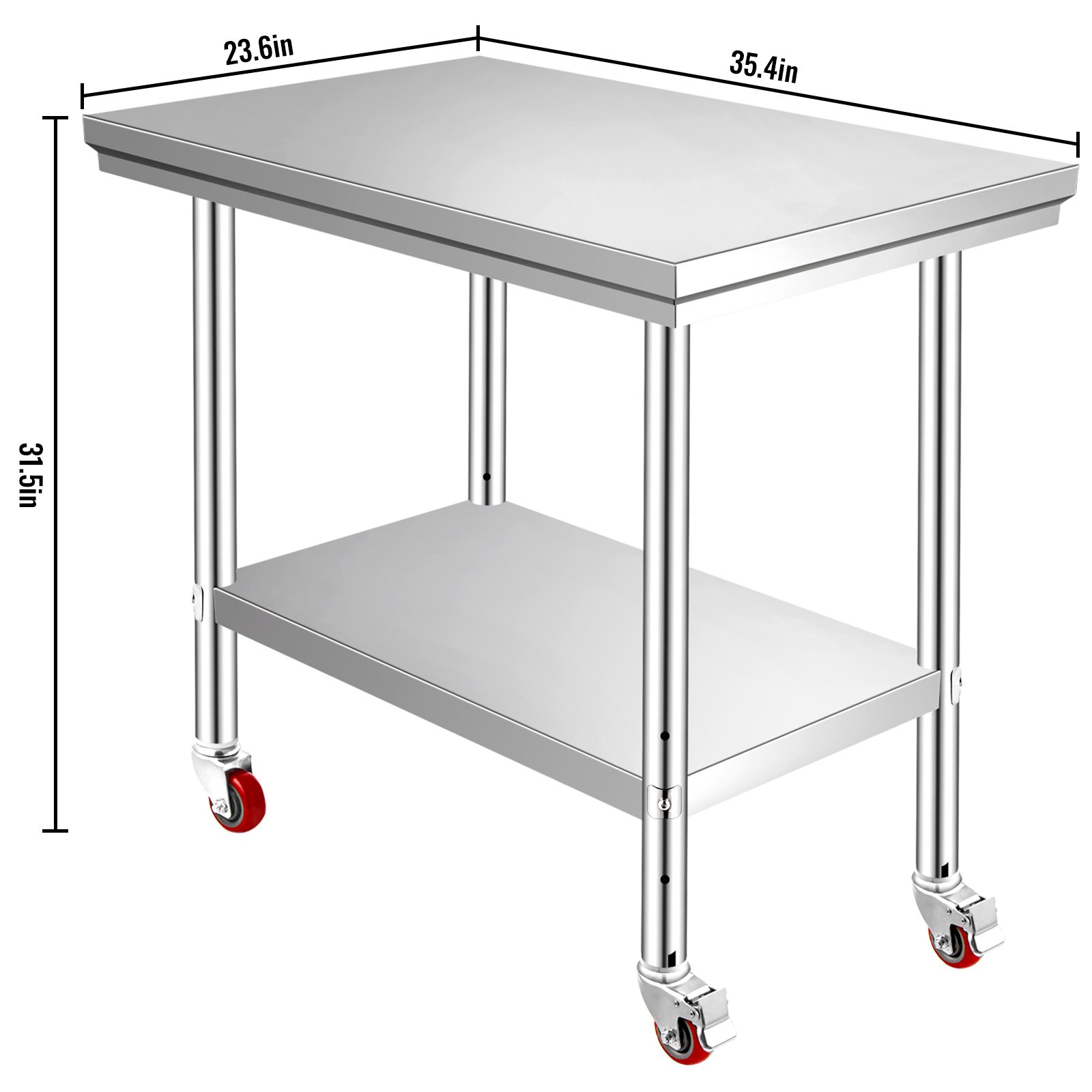 VEVOR Stainless Steel Work Table 35 x 24 x 33 Inch, 700 LBS Load Capacity with 4 Wheels, 3 Adjustable Height Levels, Heavy Duty Food Prep Worktable for Commercial Kitchen Restaurant, Silver
