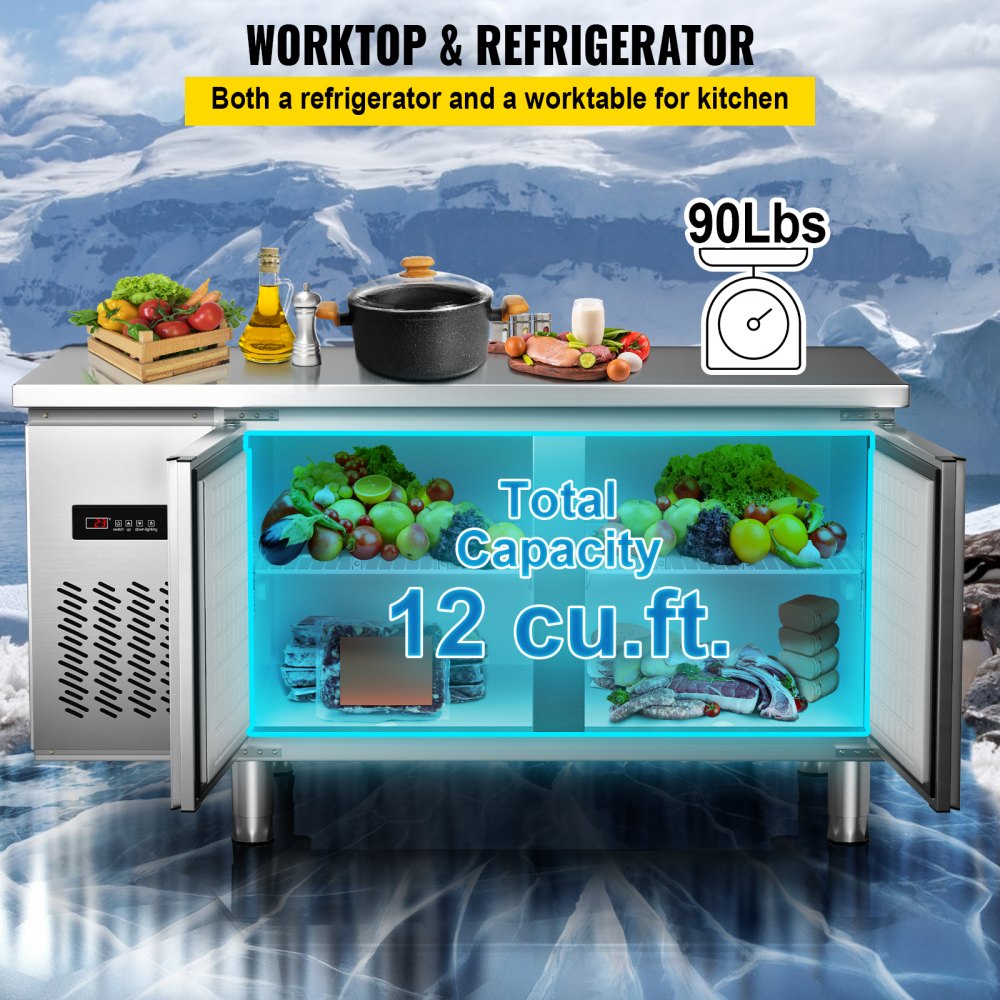 VEVOR Commercial Refrigerator,60'' Undercounter Refrigerator, Stainless Steel Built-in and Freestanding Worktop Refrigerator, Under Counter Cooler with Digital Temperature Control 23°F ~ 50°F