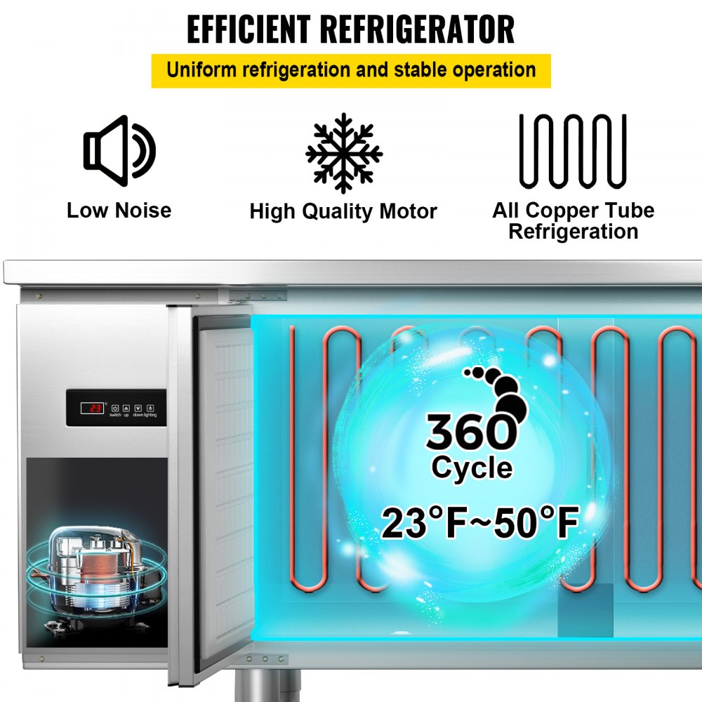 VEVOR Commercial Refrigerator,60'' Undercounter Refrigerator, Stainless Steel Built-in and Freestanding Worktop Refrigerator, Under Counter Cooler with Digital Temperature Control 23°F ~ 50°F