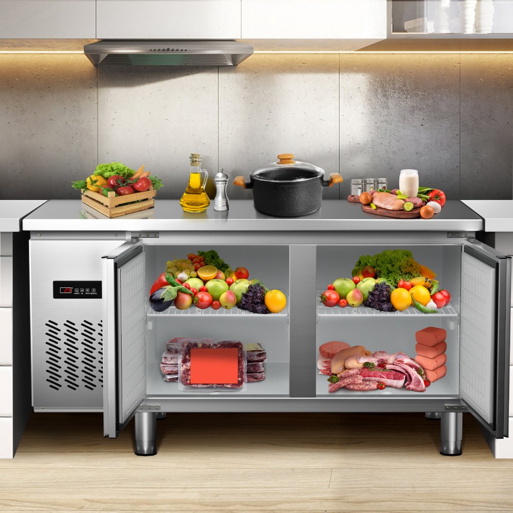 VEVOR Commercial Refrigerator,60'' Undercounter Refrigerator, Stainless Steel Built-in and Freestanding Worktop Refrigerator, Under Counter Cooler with Digital Temperature Control 23°F ~ 50°F