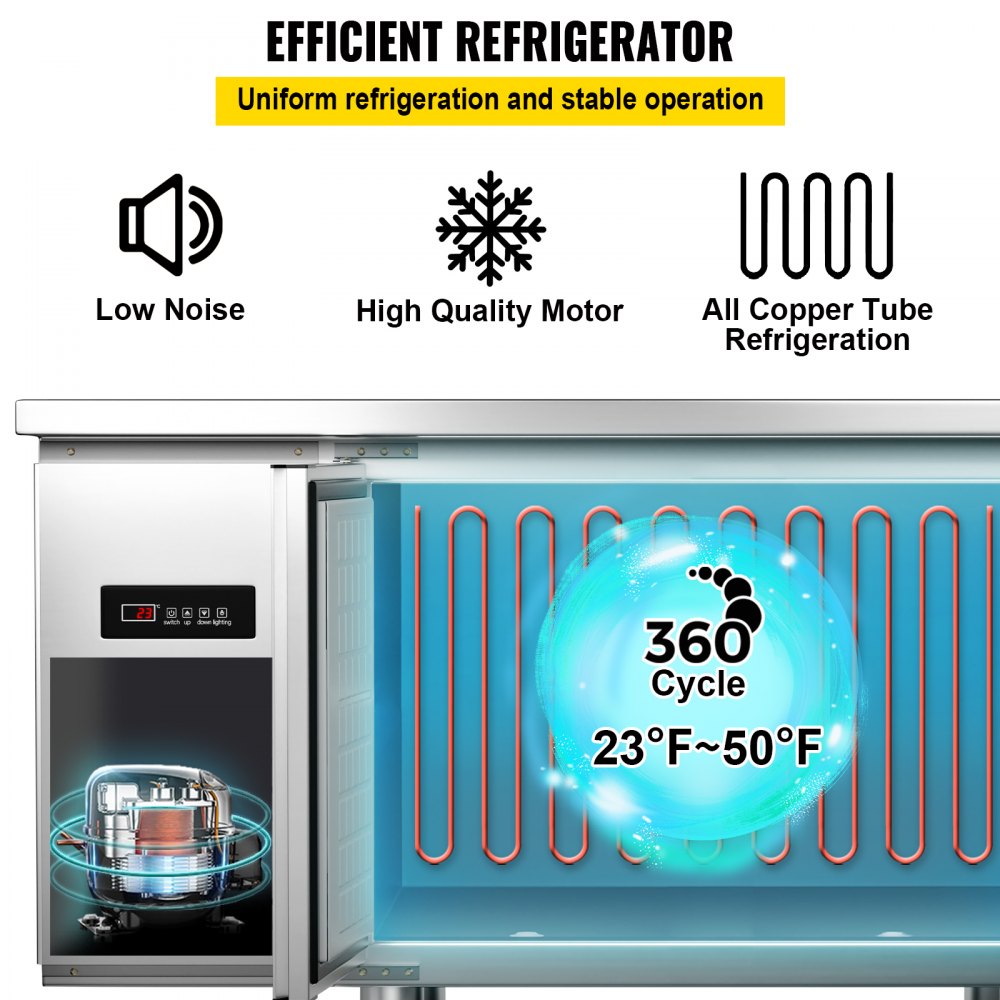 VEVOR Commercial Refrigerator,48'' Undercounter Refrigerator, Stainless Steel Built-in and Freestanding Worktop Refrigerator, Under Counter Cooler with Digital Temperature Control 23°F ~ 50°F for Restaurant Kitchen, 2 Door