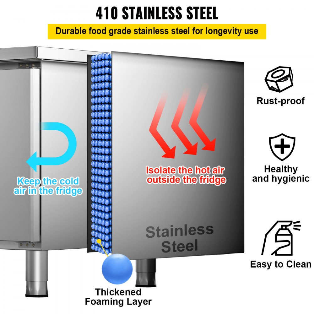 VEVOR Commercial Refrigerator,48'' Undercounter Refrigerator, Stainless Steel Built-in and Freestanding Worktop Refrigerator, Under Counter Cooler with Digital Temperature Control 23°F ~ 50°F for Restaurant Kitchen, 2 Door
