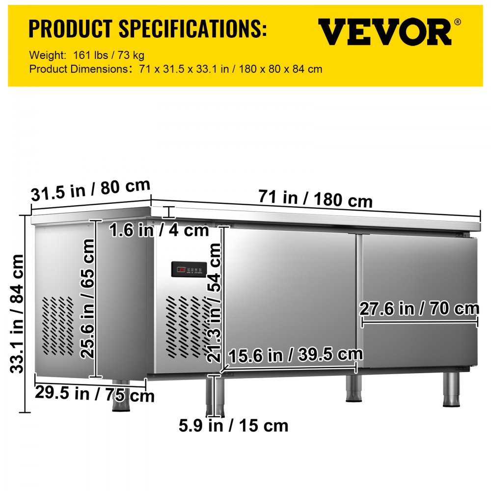 VEVOR Commercial Refrigerator,72'' W Undercounter Refrigerator, Stainless Steel Built-in and Freestanding Worktop Refrigerator, Under Counter Cooler with Digital Temperature Control 23°F ~ 50°F for Restaurant Kitchen, 2 Door