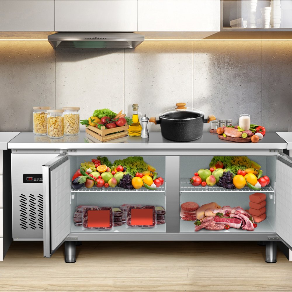 VEVOR Commercial Refrigerator,72'' W Undercounter Refrigerator, Stainless Steel Built-in and Freestanding Worktop Refrigerator, Under Counter Cooler with Digital Temperature Control 23°F ~ 50°F for Restaurant Kitchen, 2 Door