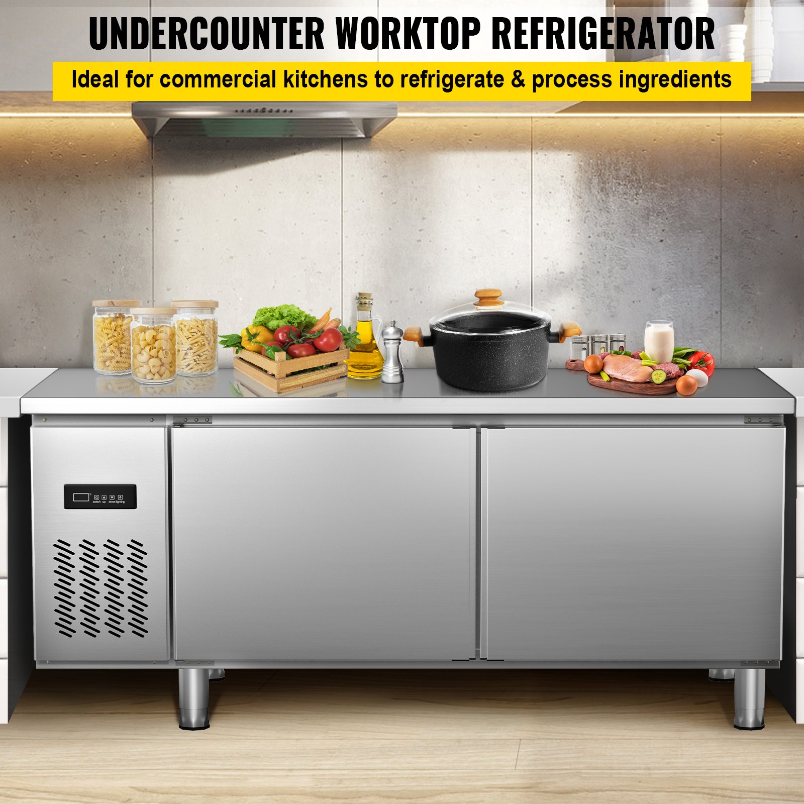 VEVOR Commercial Refrigerator,72'' W Undercounter Refrigerator, Stainless Steel Built-in and Freestanding Worktop Refrigerator, Under Counter Cooler with Digital Temperature Control 23°F ~ 50°F for Restaurant Kitchen, 2 Door