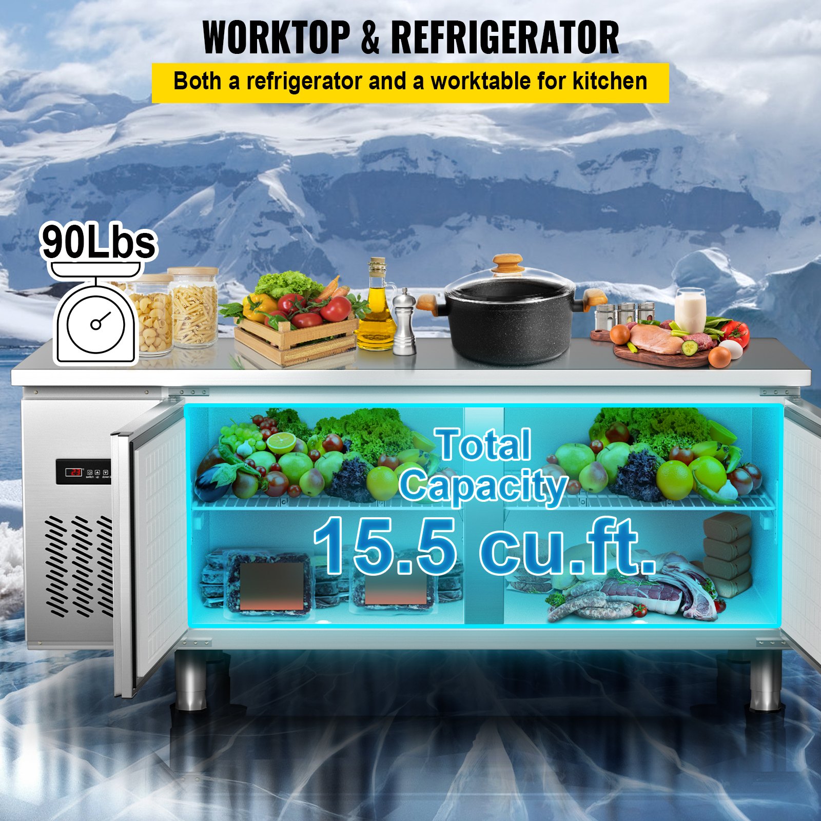 VEVOR Commercial Refrigerator,72'' W Undercounter Refrigerator, Stainless Steel Built-in and Freestanding Worktop Refrigerator, Under Counter Cooler with Digital Temperature Control 23°F ~ 50°F for Restaurant Kitchen, 2 Door