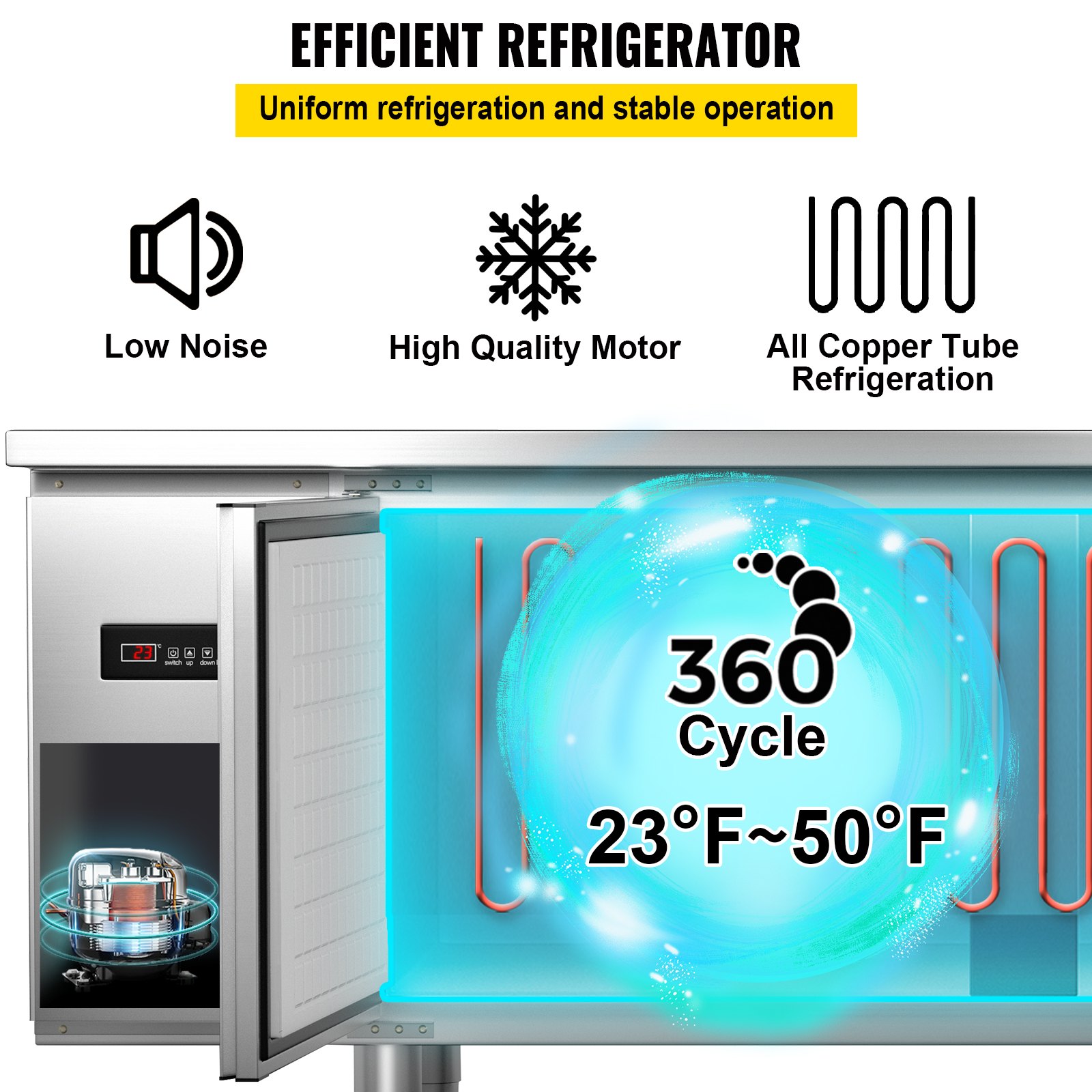 VEVOR Commercial Refrigerator,72'' W Undercounter Refrigerator, Stainless Steel Built-in and Freestanding Worktop Refrigerator, Under Counter Cooler with Digital Temperature Control 23°F ~ 50°F for Restaurant Kitchen, 2 Door