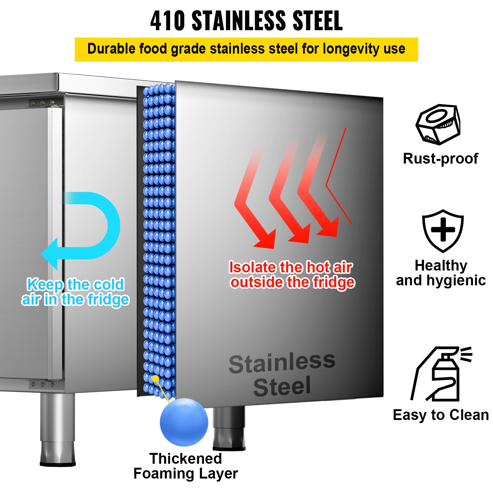 VEVOR Commercial Refrigerator,72'' W Undercounter Refrigerator, Stainless Steel Built-in and Freestanding Worktop Refrigerator, Under Counter Cooler with Digital Temperature Control 23°F ~ 50°F for Restaurant Kitchen, 2 Door