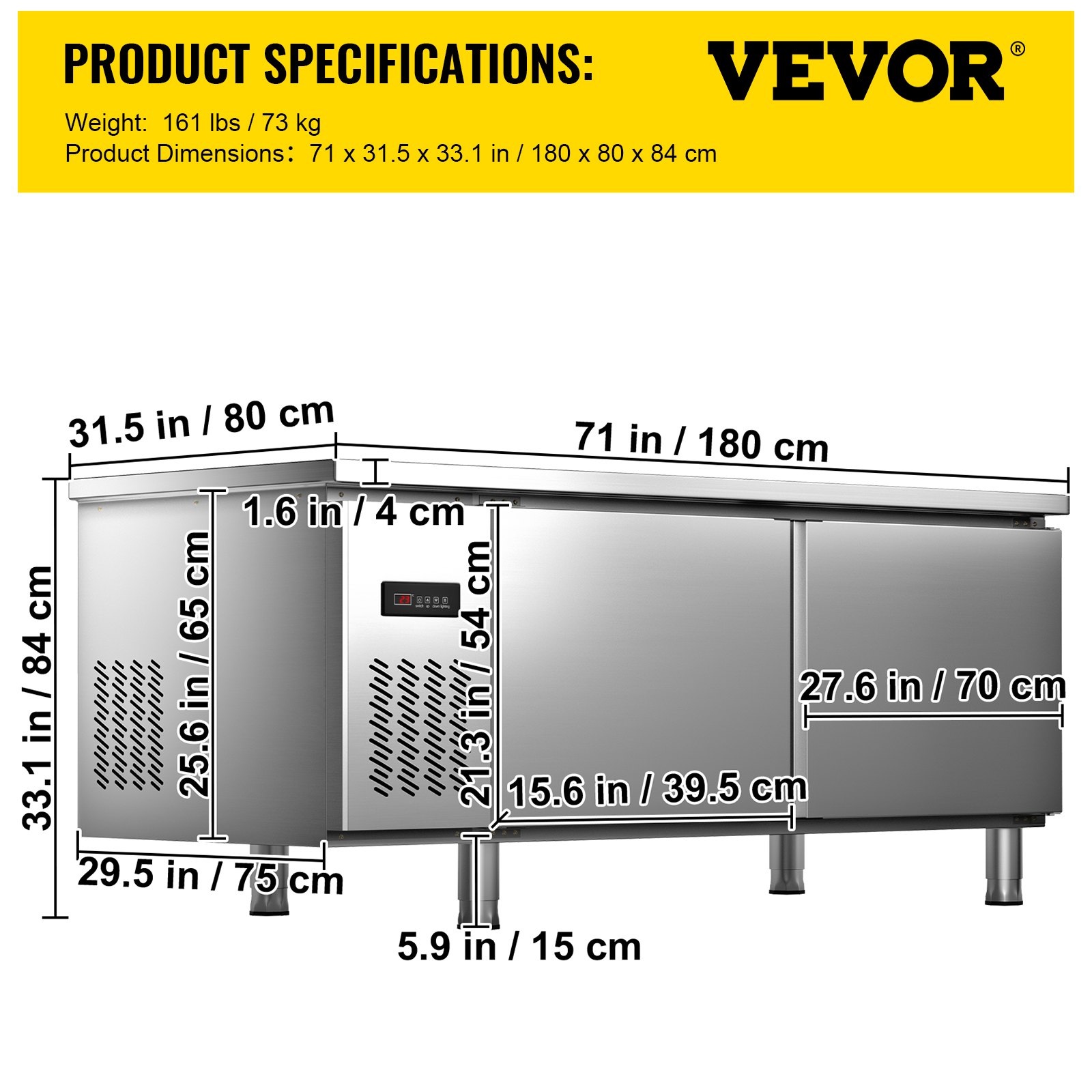 VEVOR Commercial Refrigerator,72'' W Undercounter Refrigerator, Stainless Steel Built-in and Freestanding Worktop Refrigerator, Under Counter Cooler with Digital Temperature Control 23°F ~ 50°F for Restaurant Kitchen, 2 Door