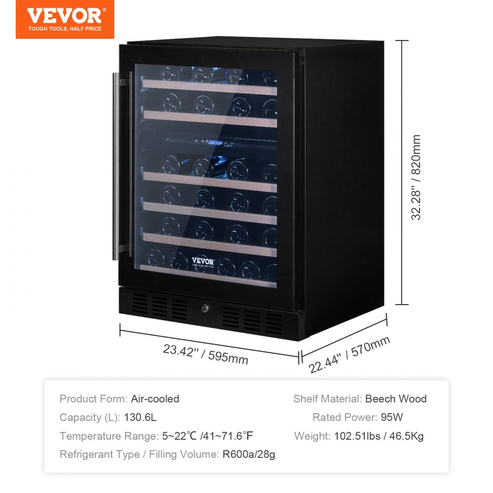 VEVOR Wine Cooler, 46 Bottles Under Counter Built-in or Freestanding Wine Refrigerator, Dual Zone Beverage Cooler with Blue LED Light, Single Door, Child Lock for Beer Soda Wine Water, ETL Listed