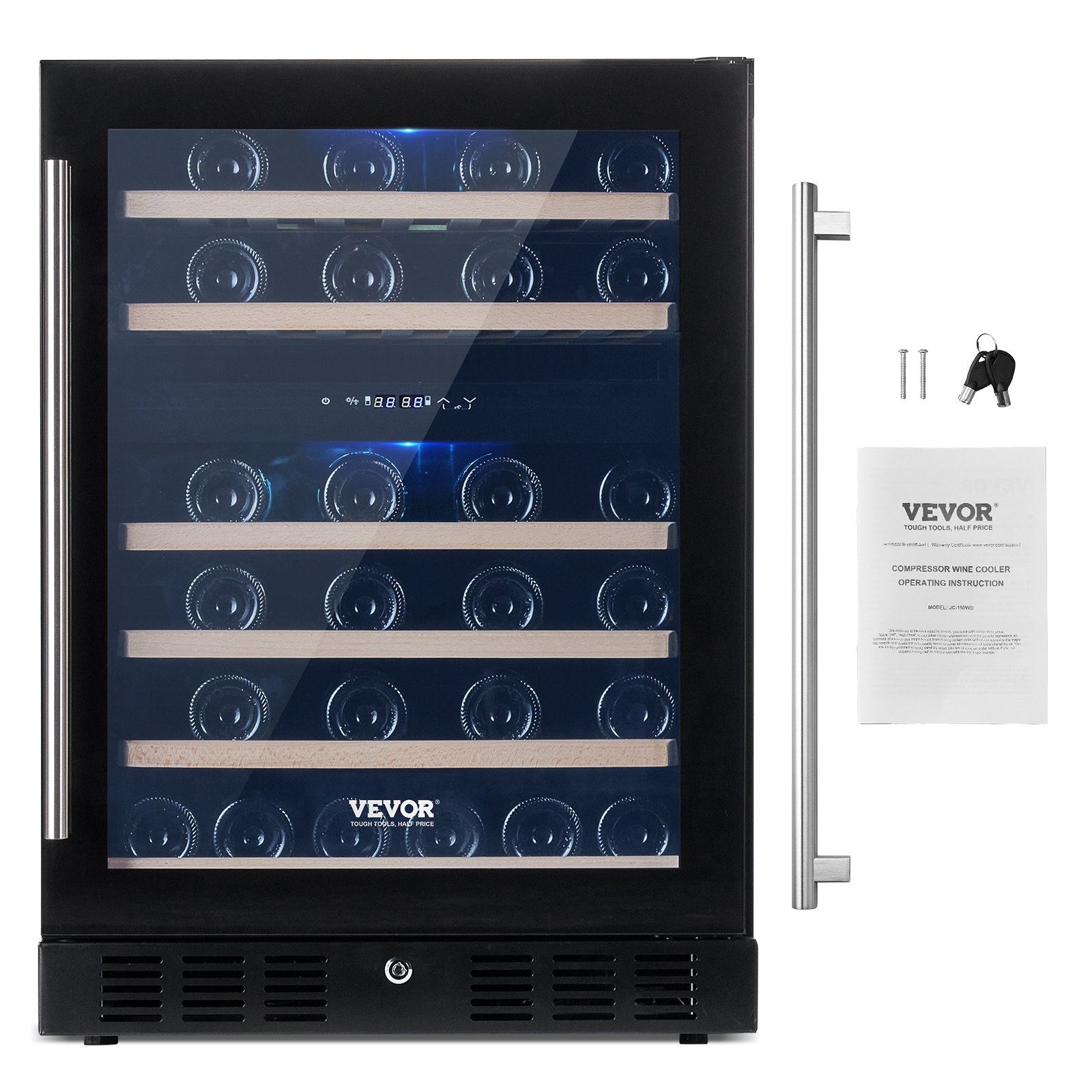 VEVOR Wine Cooler, 46 Bottles Under Counter Built-in or Freestanding Wine Refrigerator, Dual Zone Beverage Cooler with Blue LED Light, Single Door, Child Lock for Beer Soda Wine Water, ETL Listed