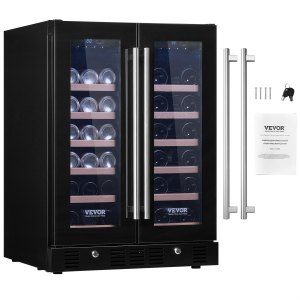 VEVOR 24″ Wine and Beverage Refrigerator, 78 Cans and 20 Bottles Dual Zone Tempered Glass Door, Digital Temper Control, Blue LED Light, Child Lock, Built-in or Freestanding, ETL | VEVOR US