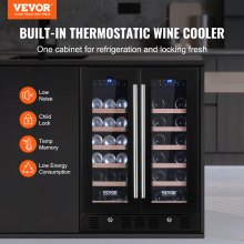 VEVOR 24" Wine and Beverage Refrigerator, 78 Cans and 20 Bottles Dual Zone Tempered Glass Door, Digital Temper Control, Blue LED Light, Child Lock, Built-in or Freestanding, ETL