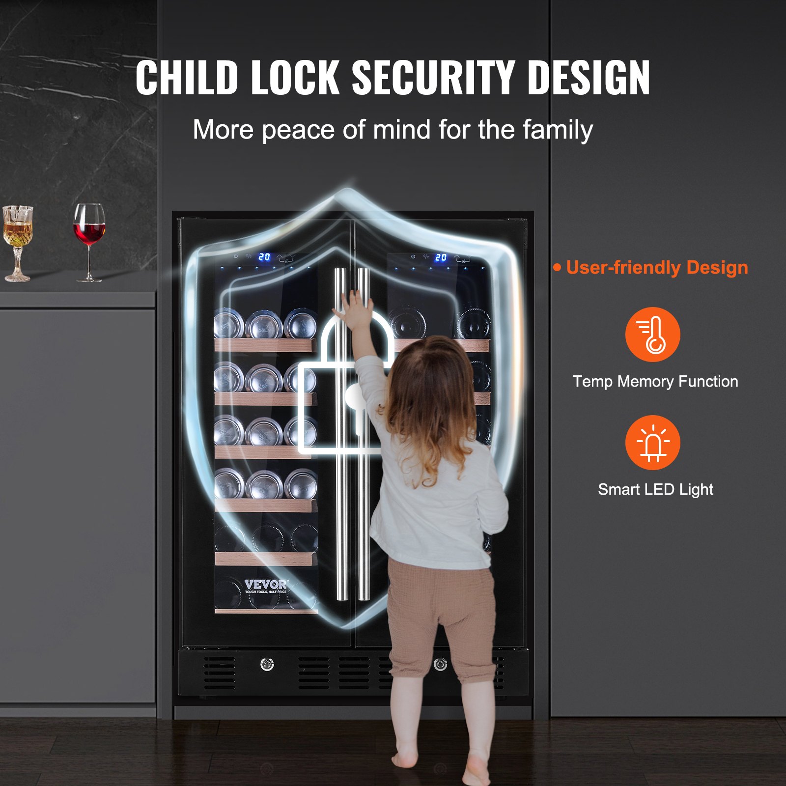 24" Wine and Beverage Refrigerator, 78 Cans and 20 Bottles Dual Zone Tempered Glass Door, Digital Temper Control, Blue LED Light, Child Lock, Built-in or Freestanding, ETL 24" Wine and Beverage Refrigerator, 78 Cans and 20 Bottles Dual Zone Tempered Glass Door, Digital Temper Control, Blue LED Light, Child Lock, Built-in or Freestanding, ETL