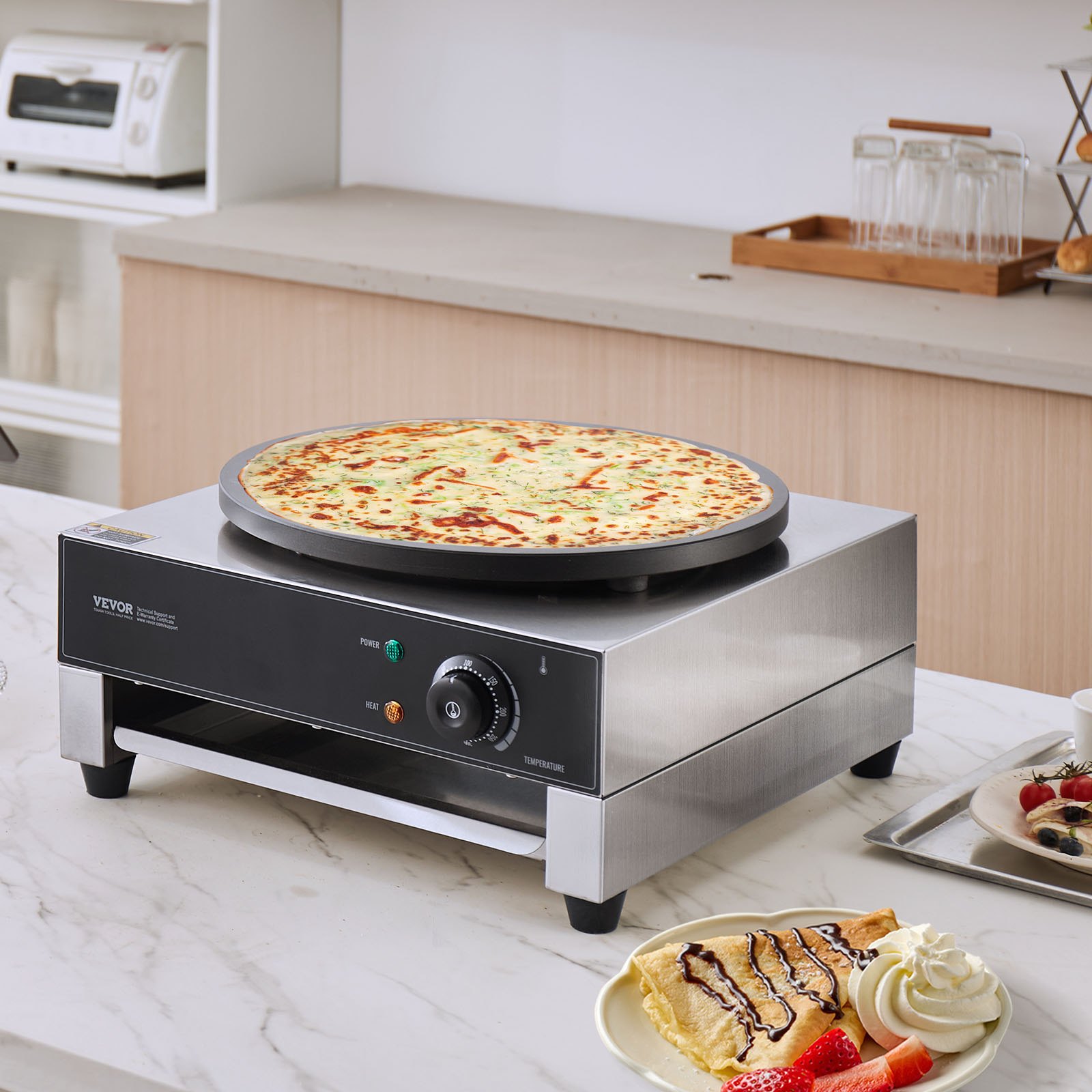 VEVOR Electric Crepe Maker, 16-Inch Commercial Crepe Machine, 3000W Flat Plate Crepe Griddle, Nonstick Stainless Steel Pancake Making Machine, Desktop Circular Cereals Pancake Stove with Temp Control