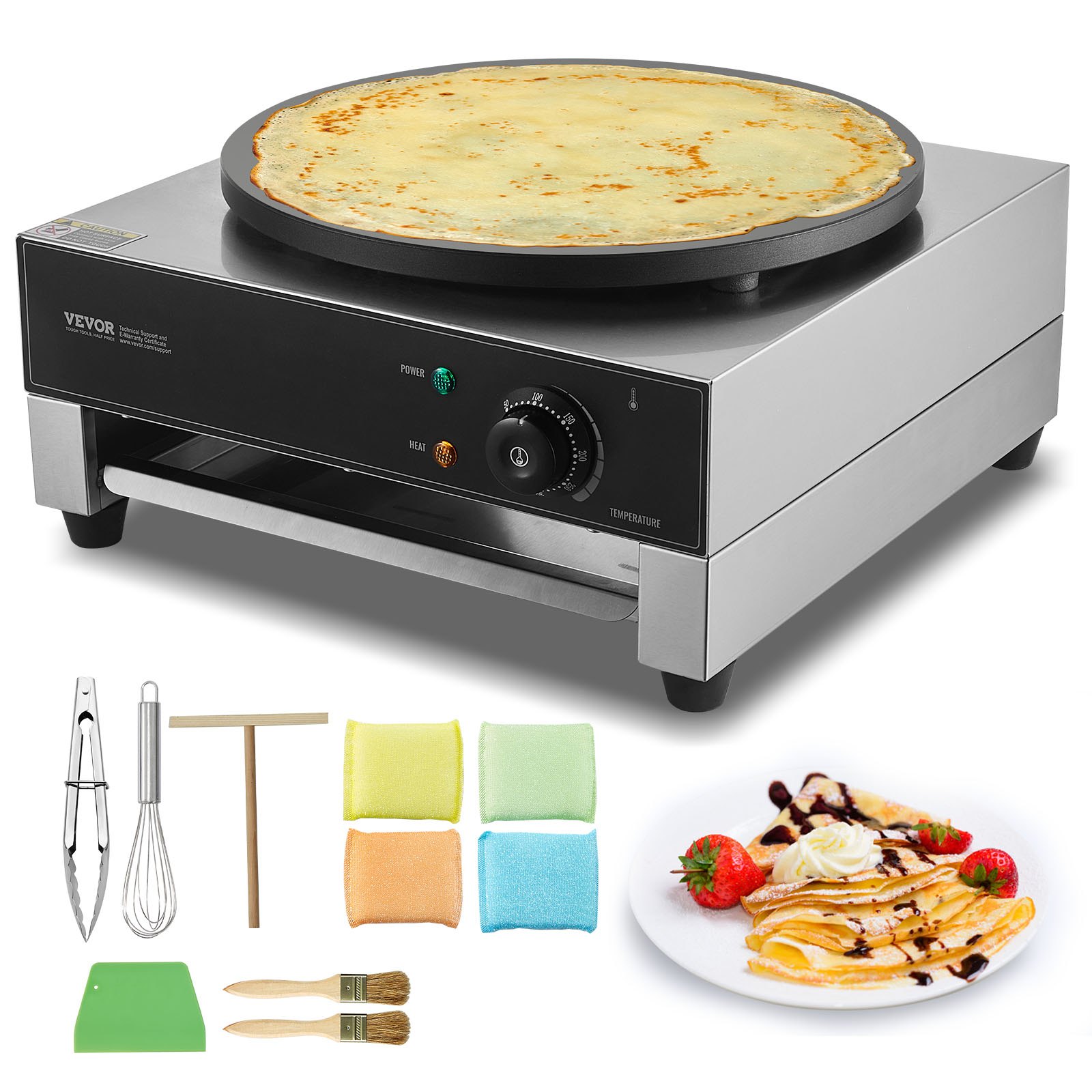 VEVOR Electric Crepe Maker, 16-Inch Commercial Crepe Machine, 3000W Flat Plate Crepe Griddle, Nonstick Stainless Steel Pancake Making Machine, Desktop Circular Cereals Pancake Stove with Temp Control