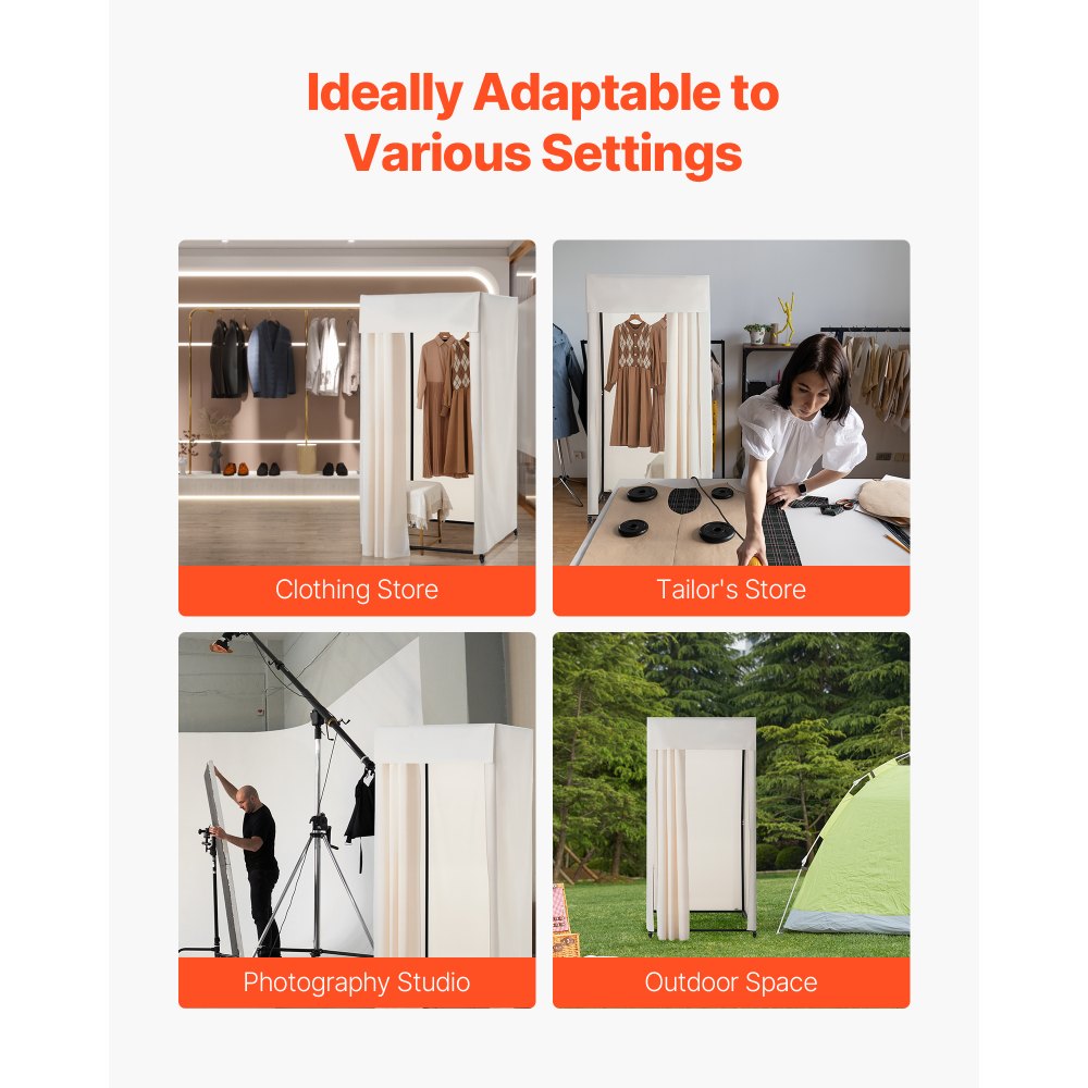 VEVOR Fitting Room, Moveable Dressing Room with Thick Curtains, Privacy Space with Casters and a Sturdy Metal Hook, for Boutique, Mall, Tailor's Store & Outdoor (39 x 39 x 81 in, Black and Beige)