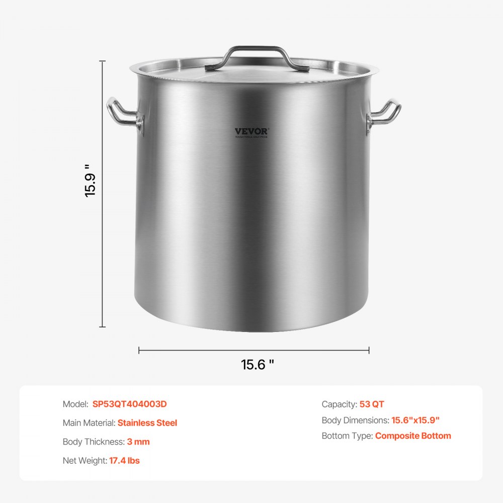 VEVOR Stainless Steel Stockpot, 53 Quart Large Cooking Pots, Cookware Sauce Pot with Lid, and Handle, Heavy Duty Commercial Grade Stock Pot, Sanding Treatment, for Large Groups Events Silver