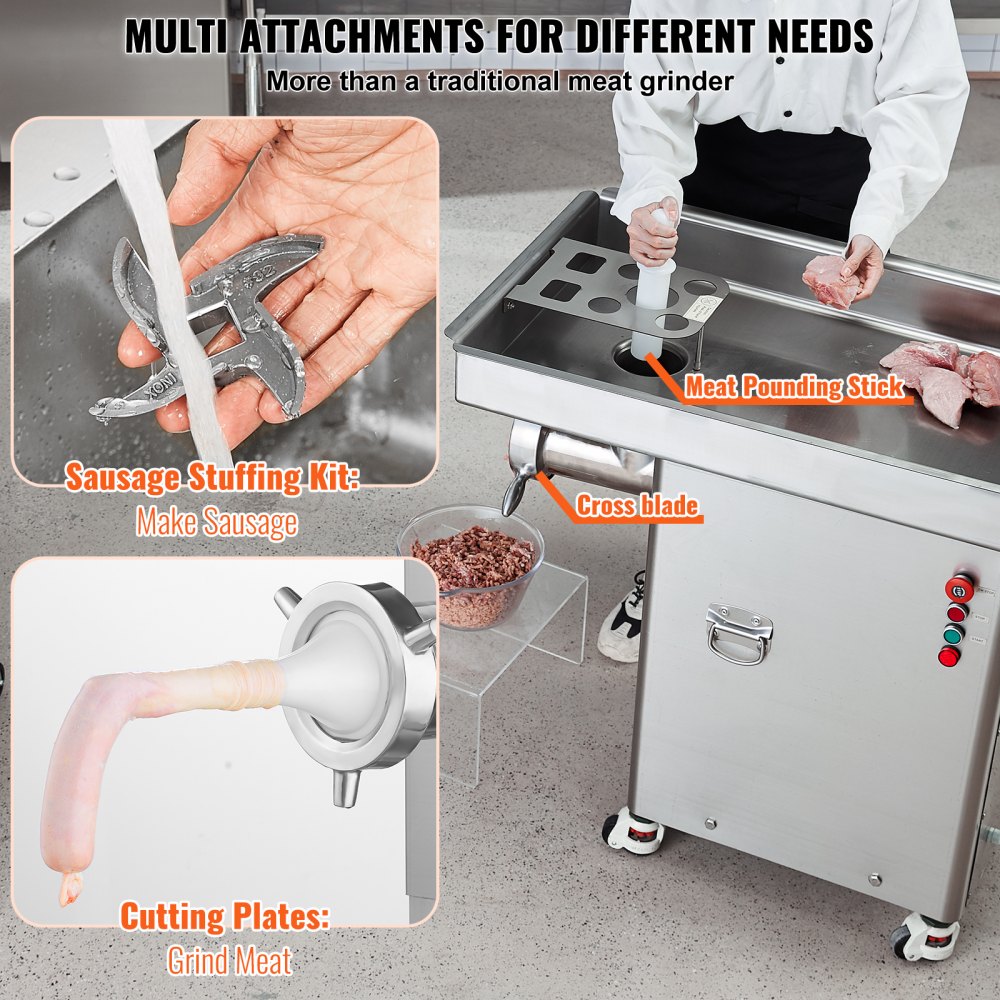 VEVOR Meat Grinder, 36.7 Lbs/Min Capacity Electric Meat Grinders w/ Blade, Grinding Plate, Sausage Maker, Stainless Steel Commercial Meat Mincer for Kitchen Restaurant Butcher Store