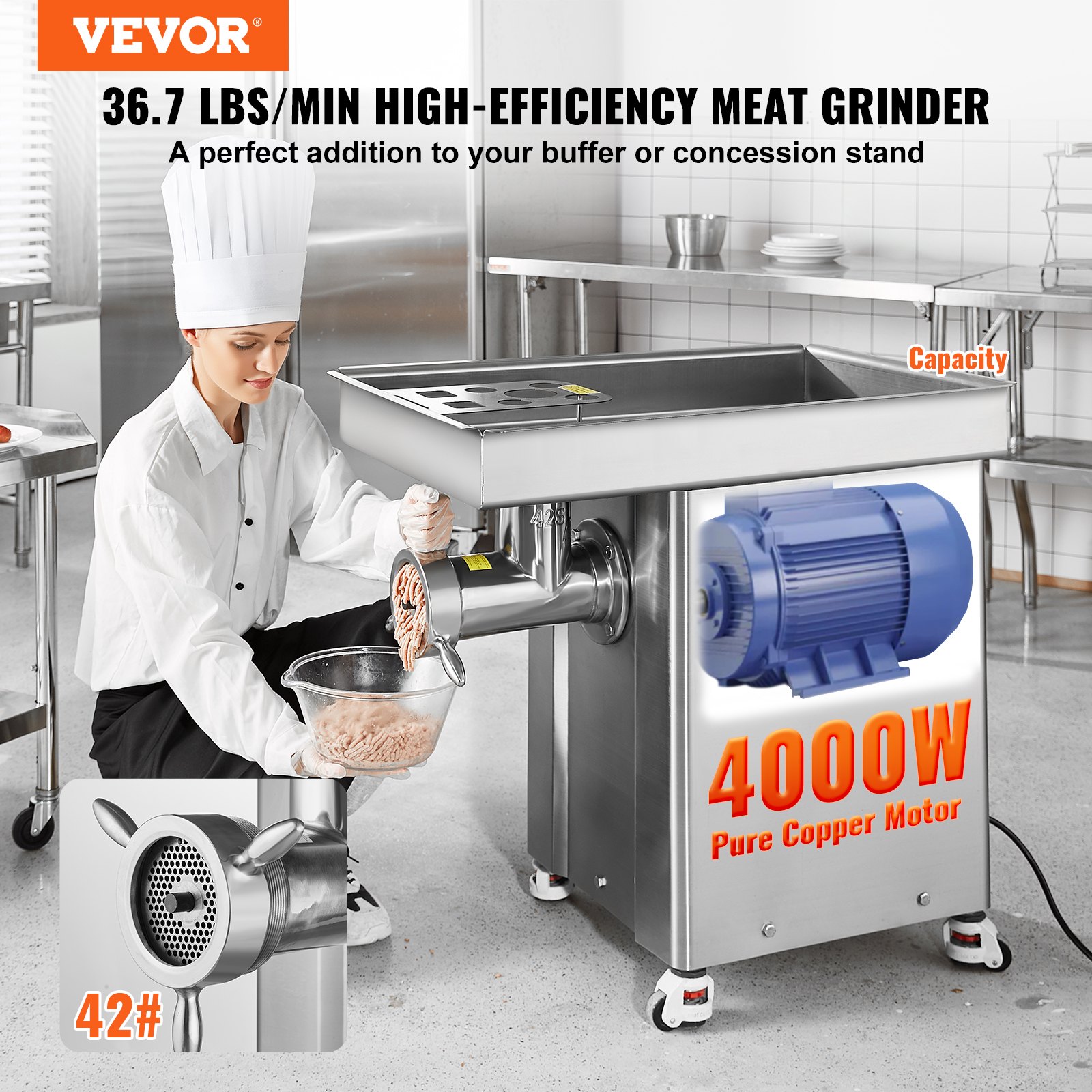 VEVOR Meat Grinder, 36.7 Lbs/Min Capacity Electric Meat Grinders w/ Blade, Grinding Plate, Sausage Maker, Stainless Steel Commercial Meat Mincer for Kitchen Restaurant Butcher Store