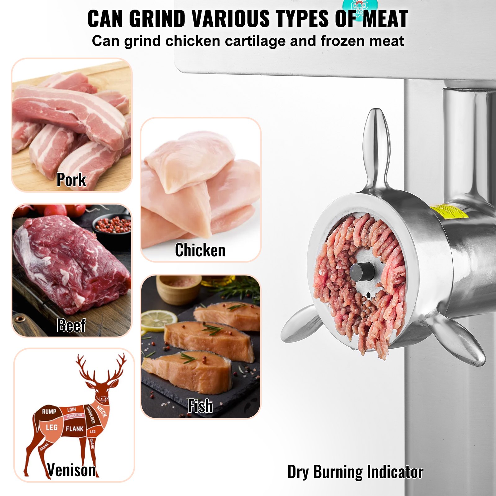 VEVOR Meat Grinder, 36.7 Lbs/Min Capacity Electric Meat Grinders w/ Blade, Grinding Plate, Sausage Maker, Stainless Steel Commercial Meat Mincer for Kitchen Restaurant Butcher Store