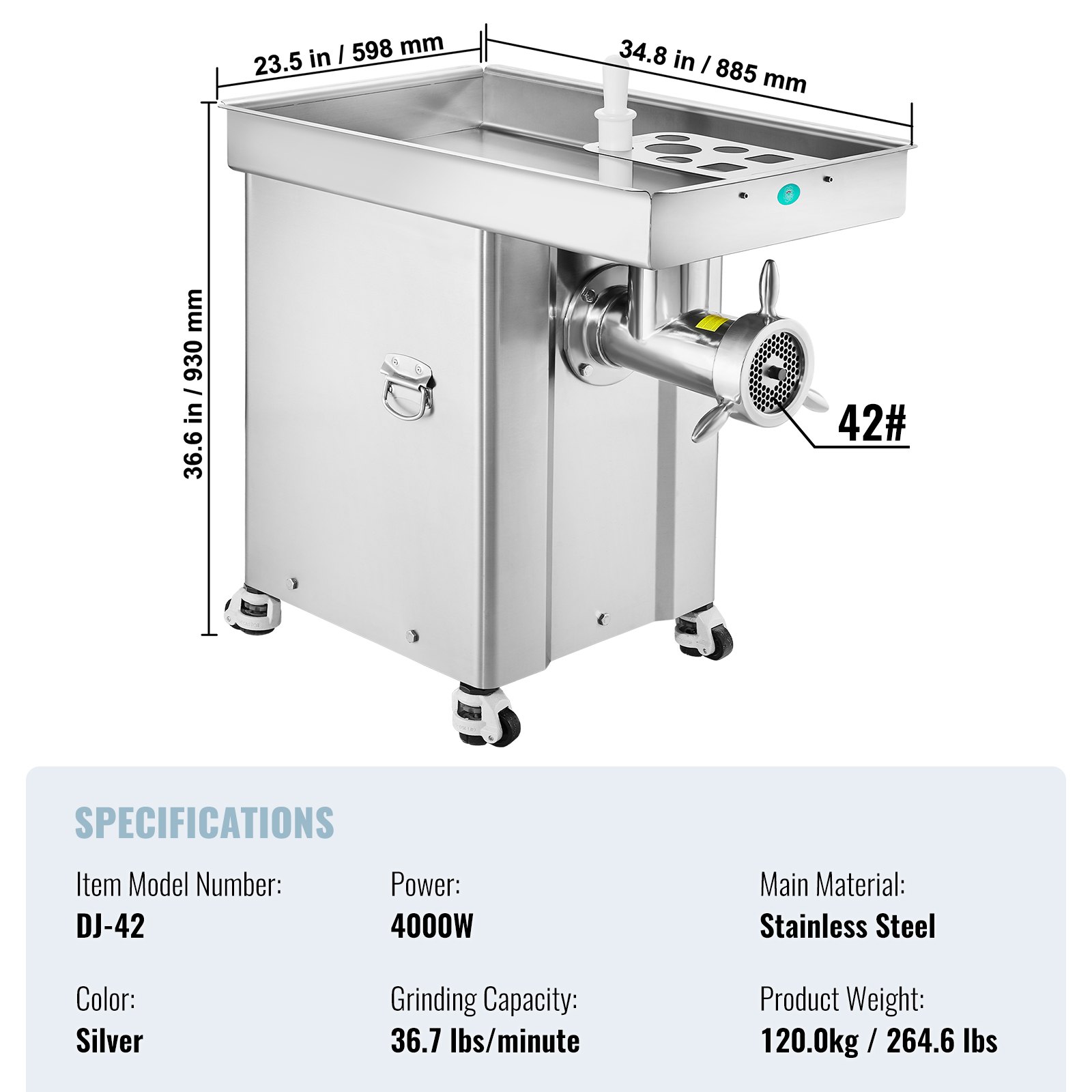VEVOR Meat Grinder, 36.7 Lbs/Min Capacity Electric Meat Grinders w/ Blade, Grinding Plate, Sausage Maker, Stainless Steel Commercial Meat Mincer for Kitchen Restaurant Butcher Store
