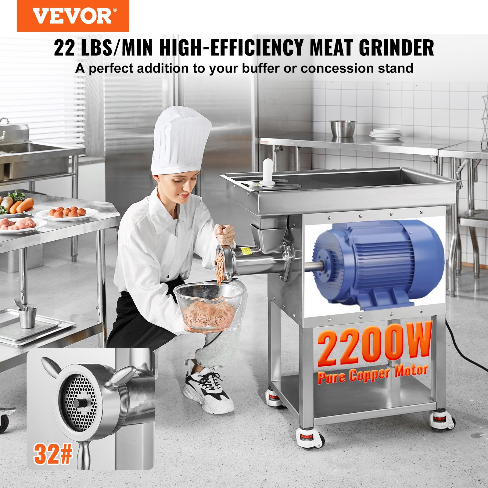 VEVOR Meat Grinder, 22 Lbs/Min Capacity Electric Meat Grinders w/ Blade, Grinding Plate, Sausage Maker, Stainless Steel Commercial Meat Mincer for Kitchen Restaurant Butcher Store