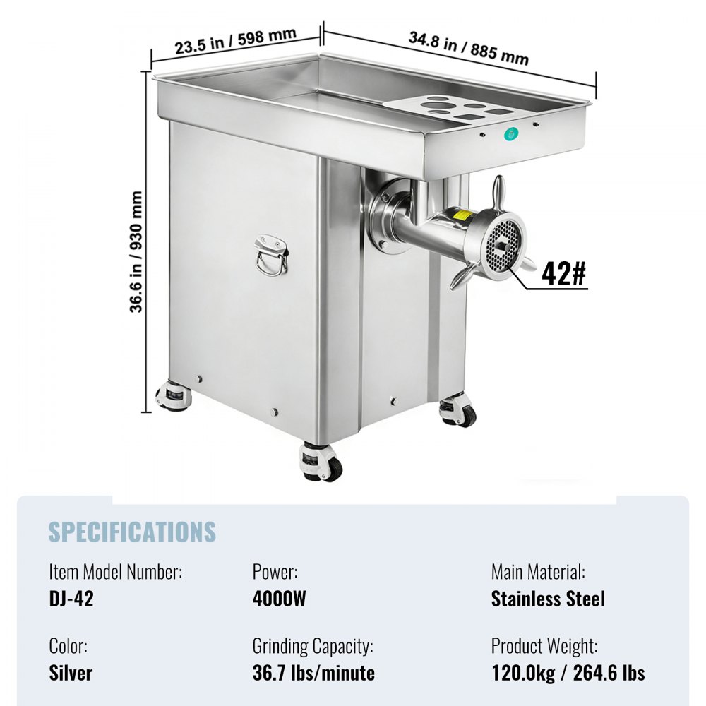 VEVOR Meat Grinder, 36.7 Lbs/Min Capacity Electric Meat Grinders w/ Blade, Grinding Plate, Sausage Maker, Stainless Steel Commercial Meat Mincer for Kitchen Restaurant Butcher Store