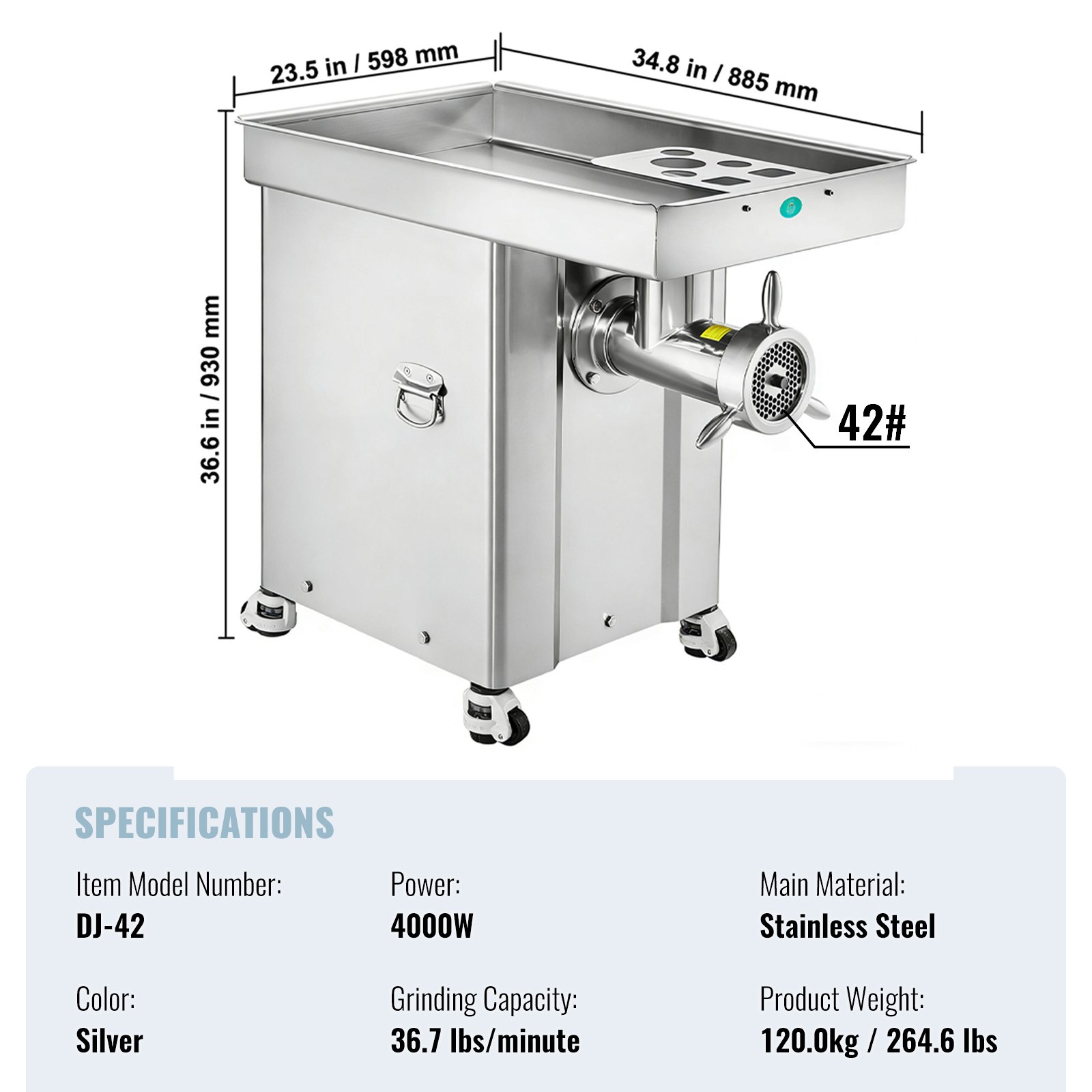 VEVOR Meat Grinder, 36.7 Lbs/Min Capacity Electric Meat Grinders w/ Blade, Grinding Plate, Sausage Maker, Stainless Steel Commercial Meat Mincer for Kitchen Restaurant Butcher Store