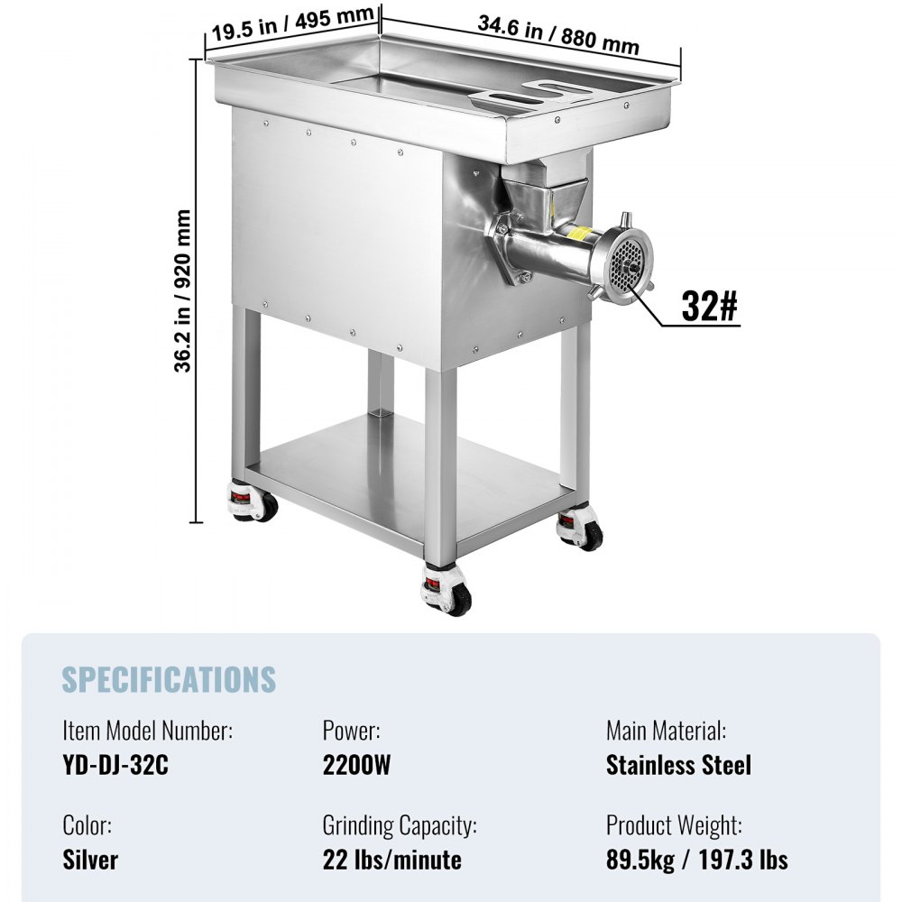 VEVOR Meat Grinder, 22 Lbs/Min Capacity Electric Meat Grinders w/ Blade, Grinding Plate, Sausage Maker, Stainless Steel Commercial Meat Mincer for Kitchen Restaurant Butcher Store