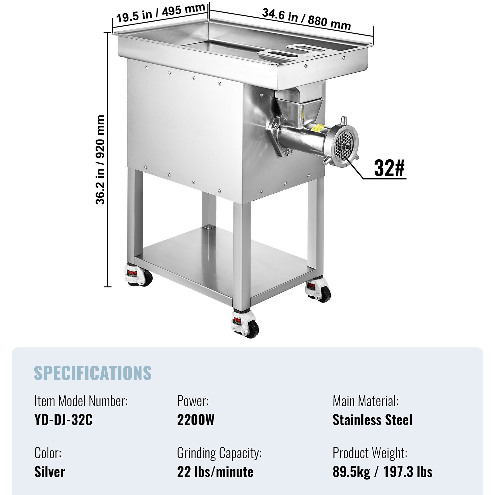 VEVOR Meat Grinder, 22 Lbs/Min Capacity Electric Meat Grinders w/ Blade, Grinding Plate, Sausage Maker, Stainless Steel Commercial Meat Mincer for Kitchen Restaurant Butcher Store